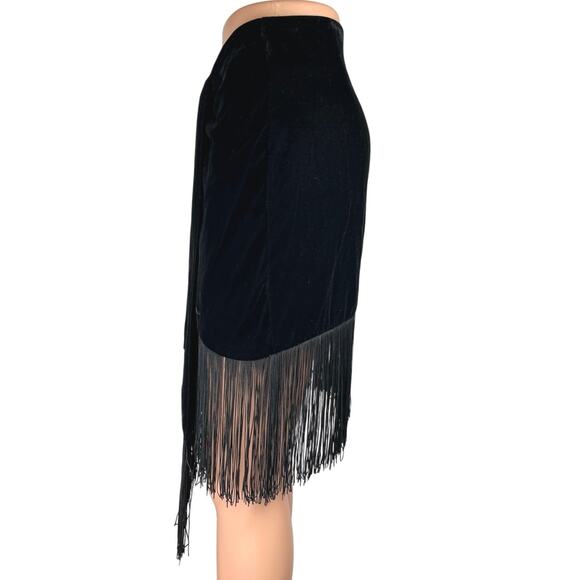 Zara Black Velvet Velour Fringe High Wasited Straight Pencil Wrap Mini Skirt M - Picture 2 of 6